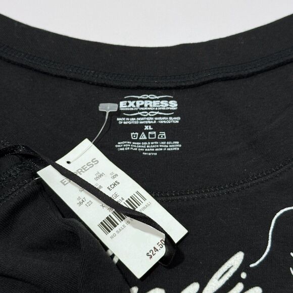 Express Woman's Black T-Shirt Angelic Wings Logo Cursive XL Y2K 100% Cotton NWT - Picture 4 of 4